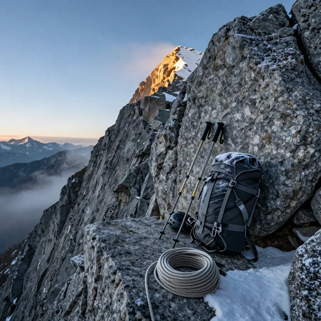 Blue-hour summit gear on a frosty granite shelf with first gold sunrise.