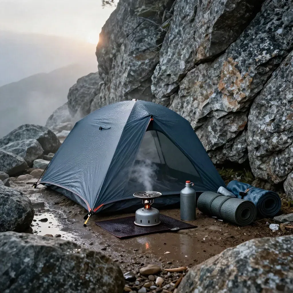 Drizzly bivy camp with tent, stove, fuel bottle and rolled pad beside a granite wall.