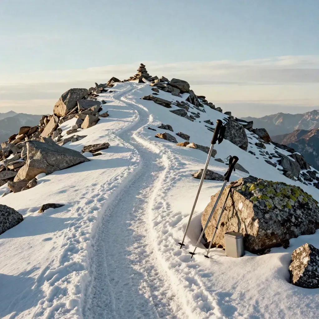 Winding alpine trail to a summit cairn with trekking poles and a lunch tin in soft morning light
