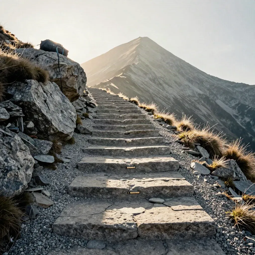 Empty alpine switchback with stone steps, rest boulder, and summit pack in golden light.