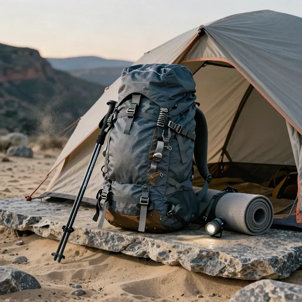 Loaded alpine pack, microspikes, poles, pad and headlamp in a dawn-lit high camp