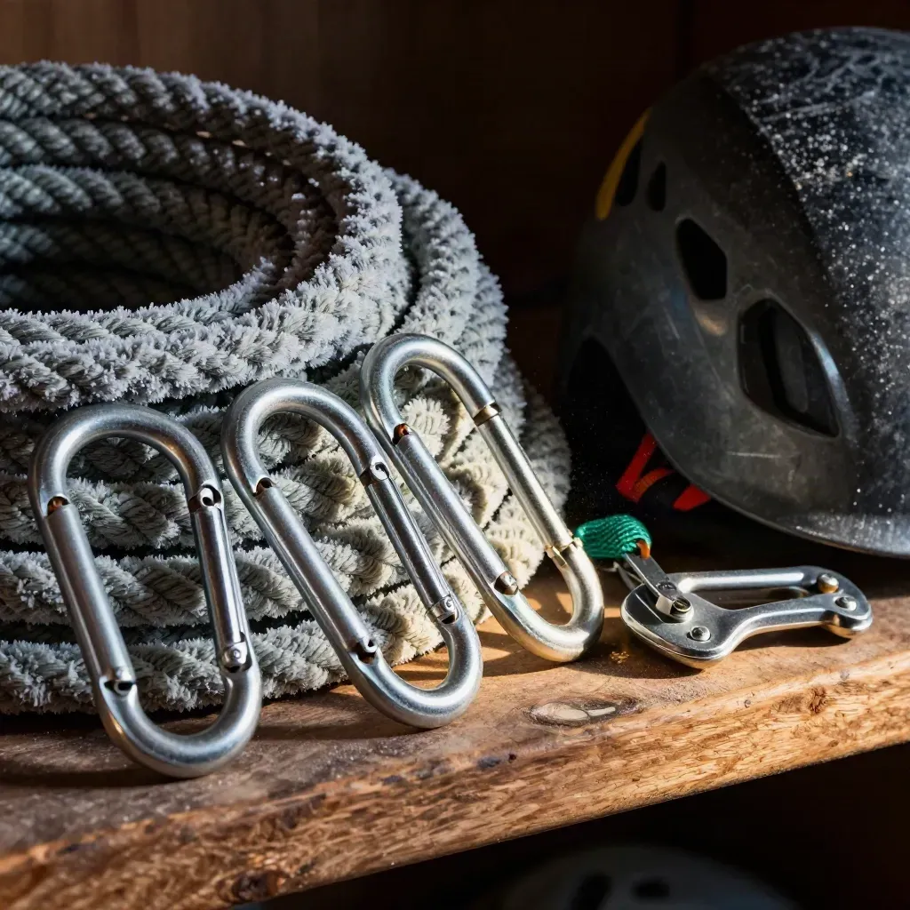 Macro gear still life: glacier rope, carabiners, helmet and belay device on a cedar shelf.