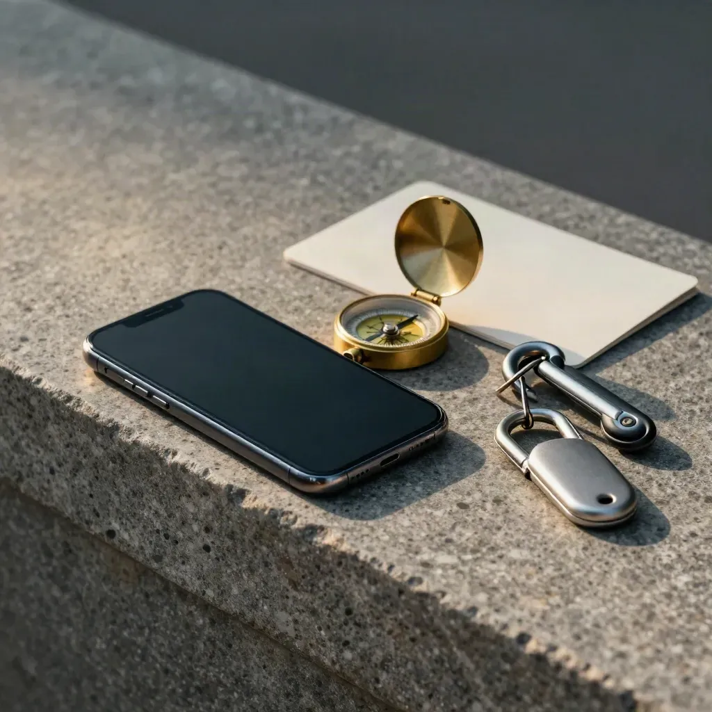Top-down gear still-life with phone, compass, carabiner, and key fob on a stone ledge.
