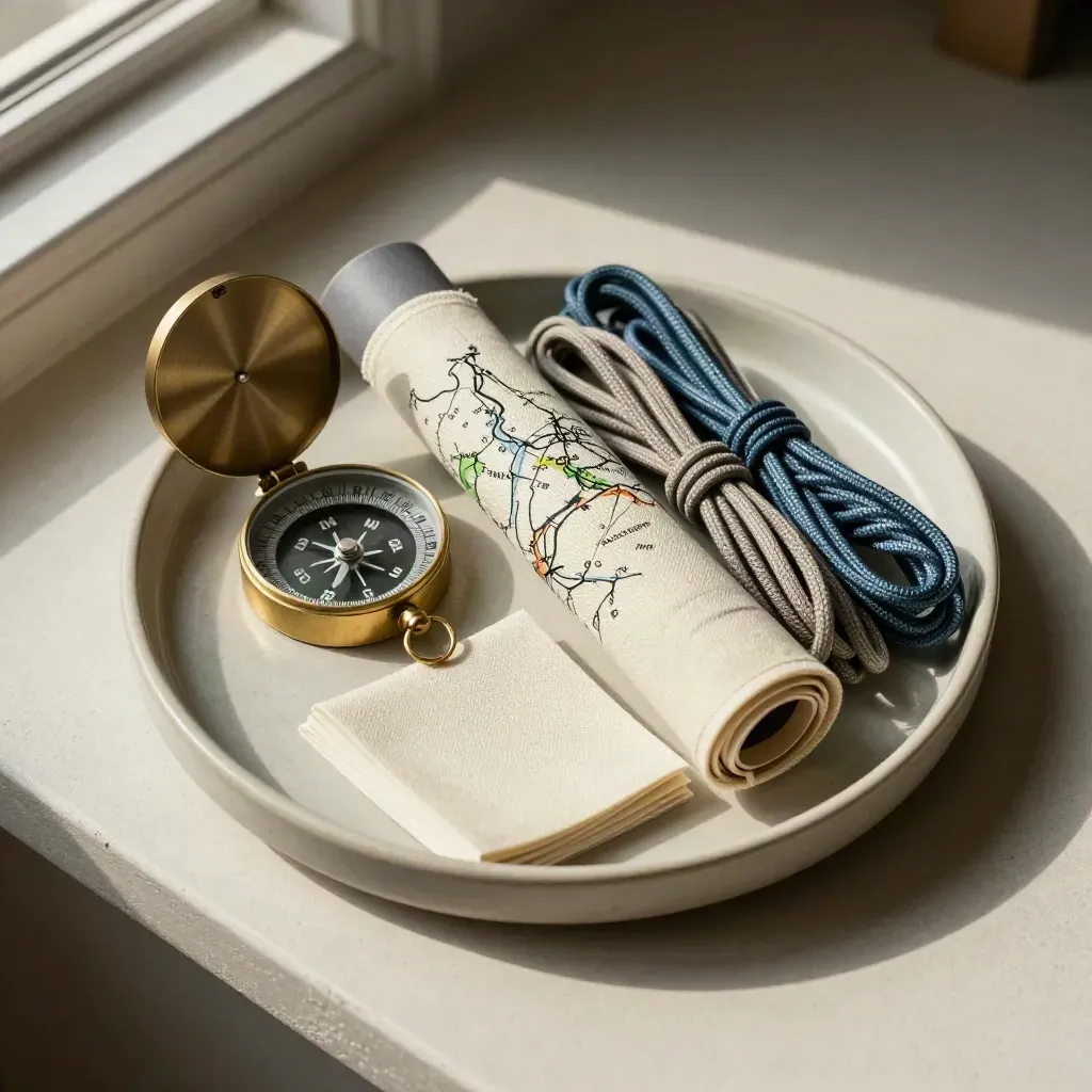 Compass, map tube, route sleeves and cord loops arranged in a pale tray by window light