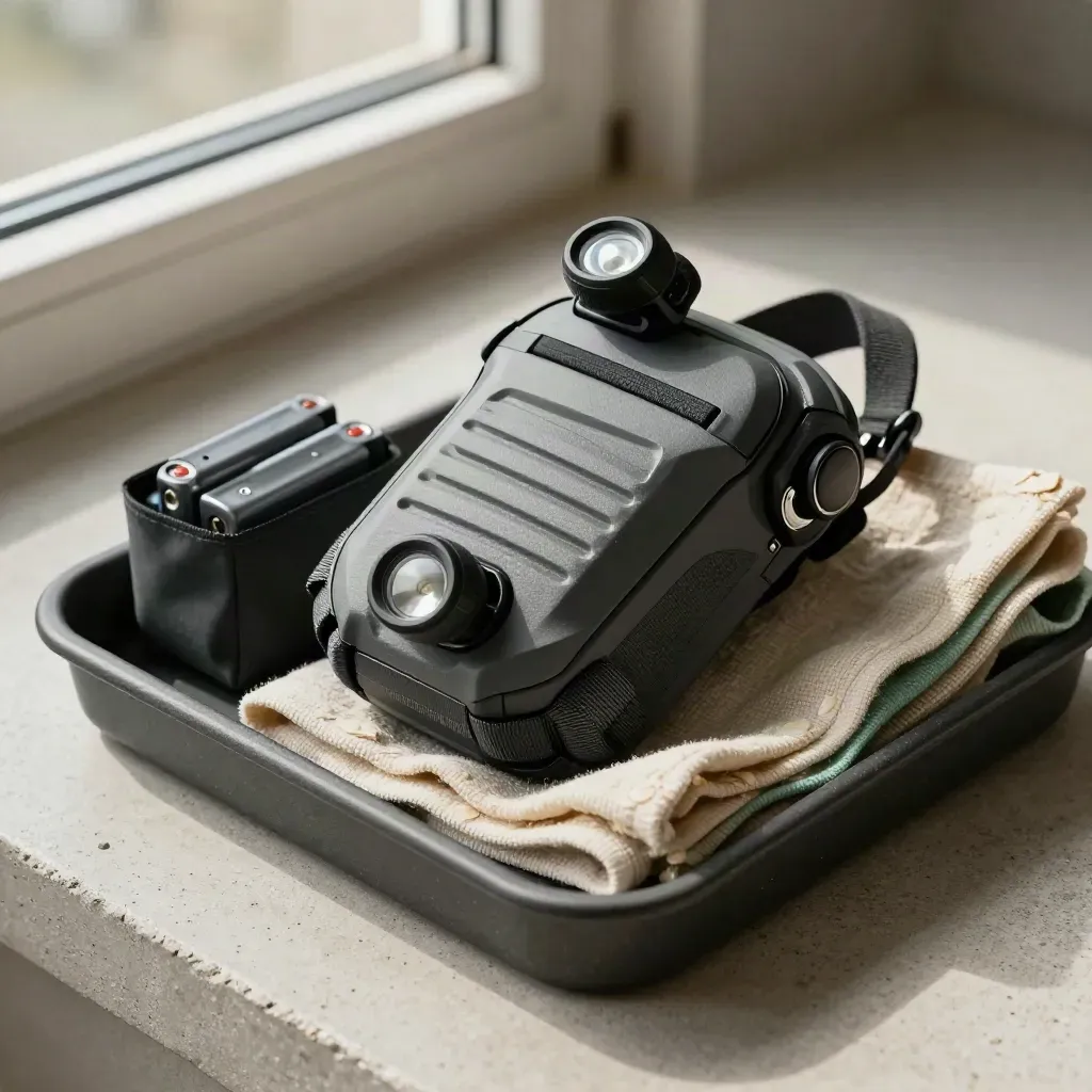 Satellite messenger, headlamp, batteries and pouch on a stone tray with folded cloth.