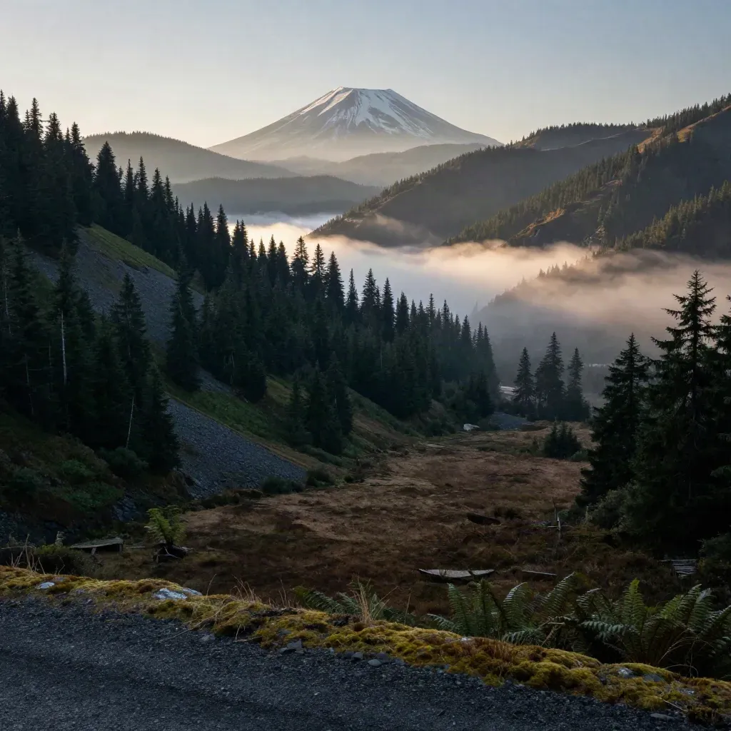 Misty Washington Cascades ridges and a distant volcanic cone at golden hour.