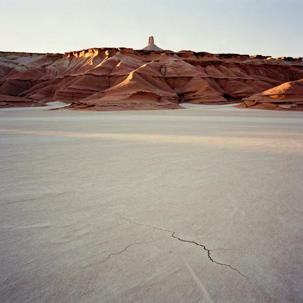 Red sandstone plateau and distant butte above a pale Utah desert floor at golden hour.